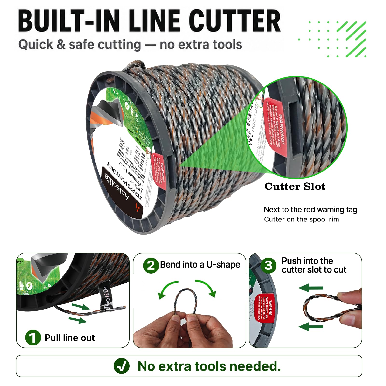 A ANLEOLIFE trimmer line texture macro shot showing durable three-component construction