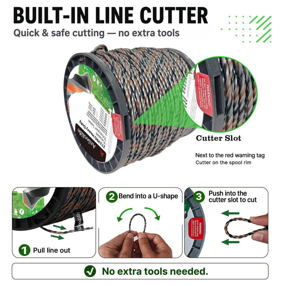 A ANLEOLIFE trimmer line texture macro shot showing durable three-component construction