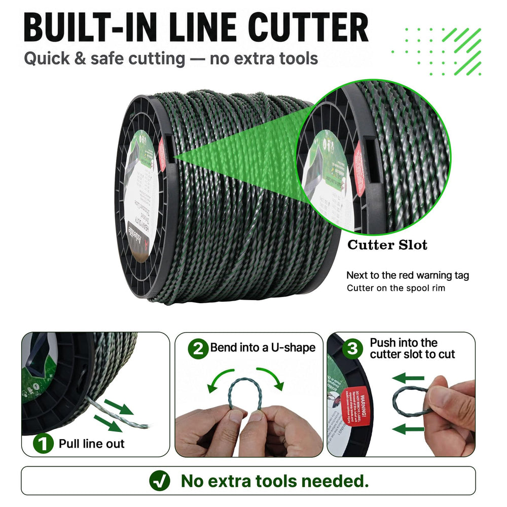A ANLEOLIFE line end near a trimmer head cutter showing easier reloads and built-in trimming convenience