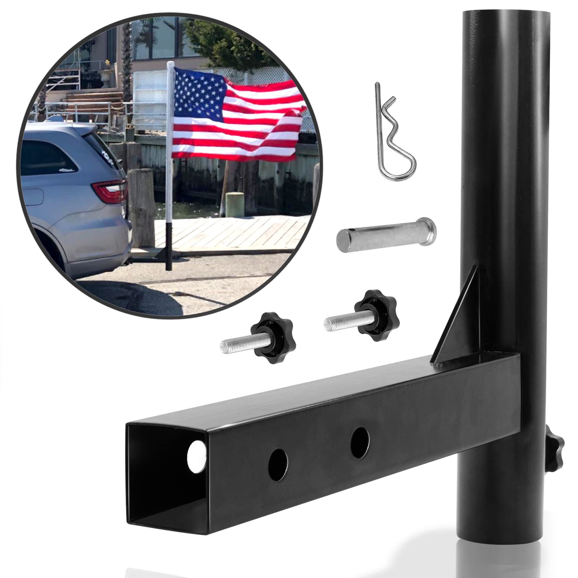 Anley front view of hitch flagpole holder showing form and fit benefit