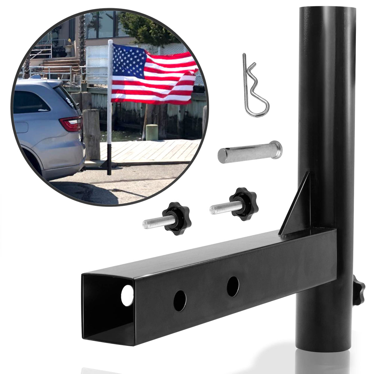Anley front view of hitch flagpole holder showing form and fit benefit