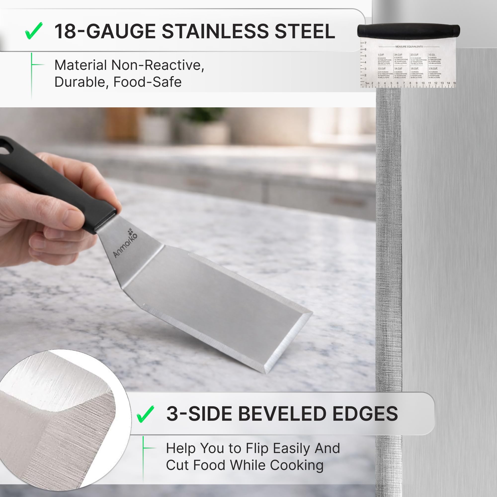 Anmarko close-up of stainless steel blade edge highlighting strength and precise scraping