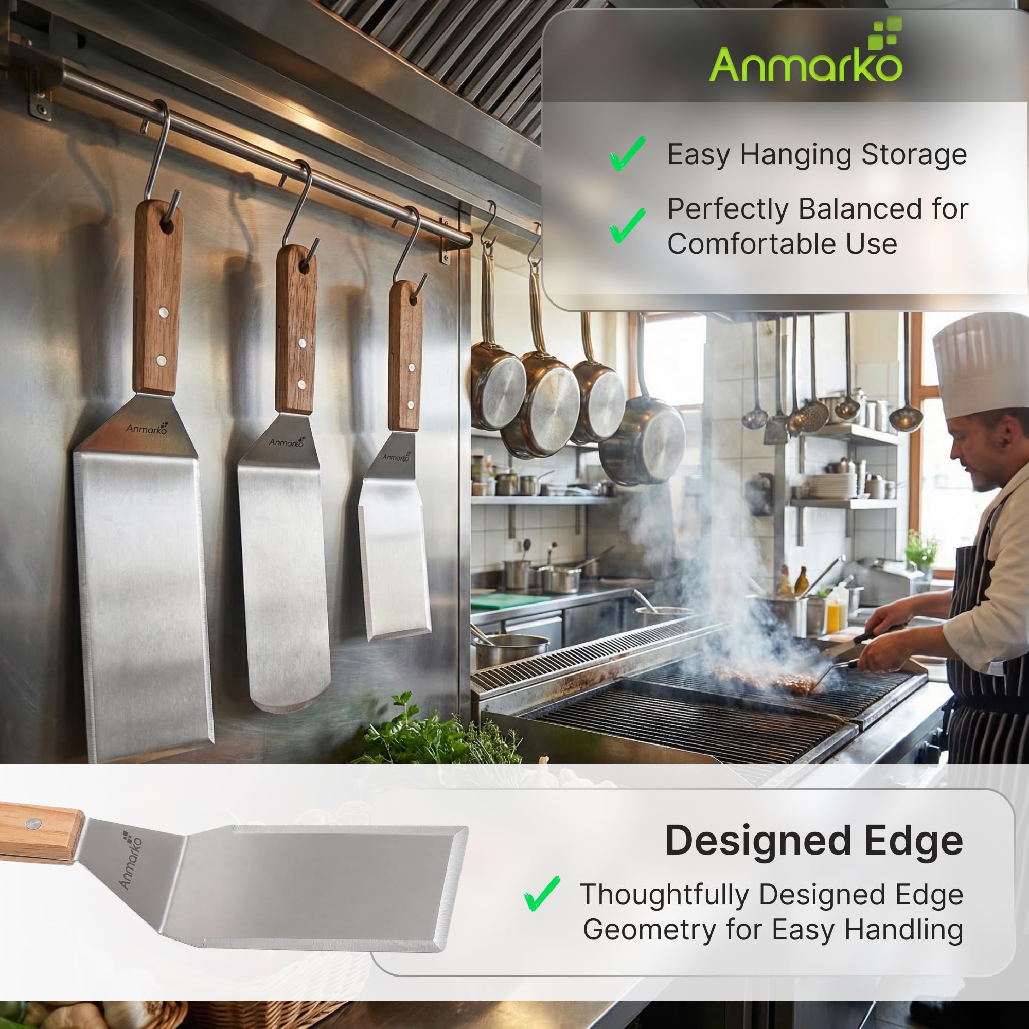 Anmarko grill spatula scraping griddle surface to remove stuck-on food efficiently
