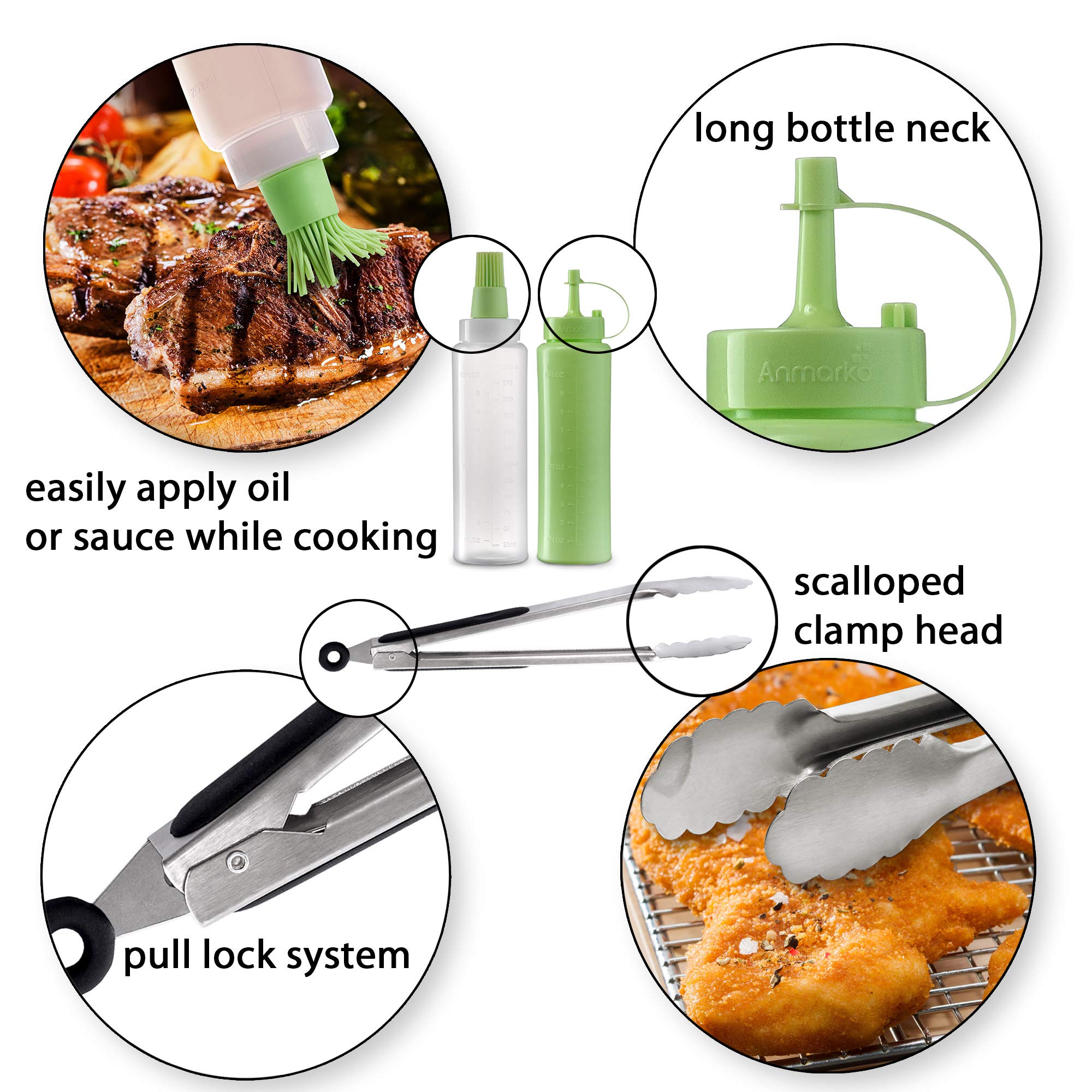 Anmarko grill tongs in use flipping burgers with a secure ergonomic grip