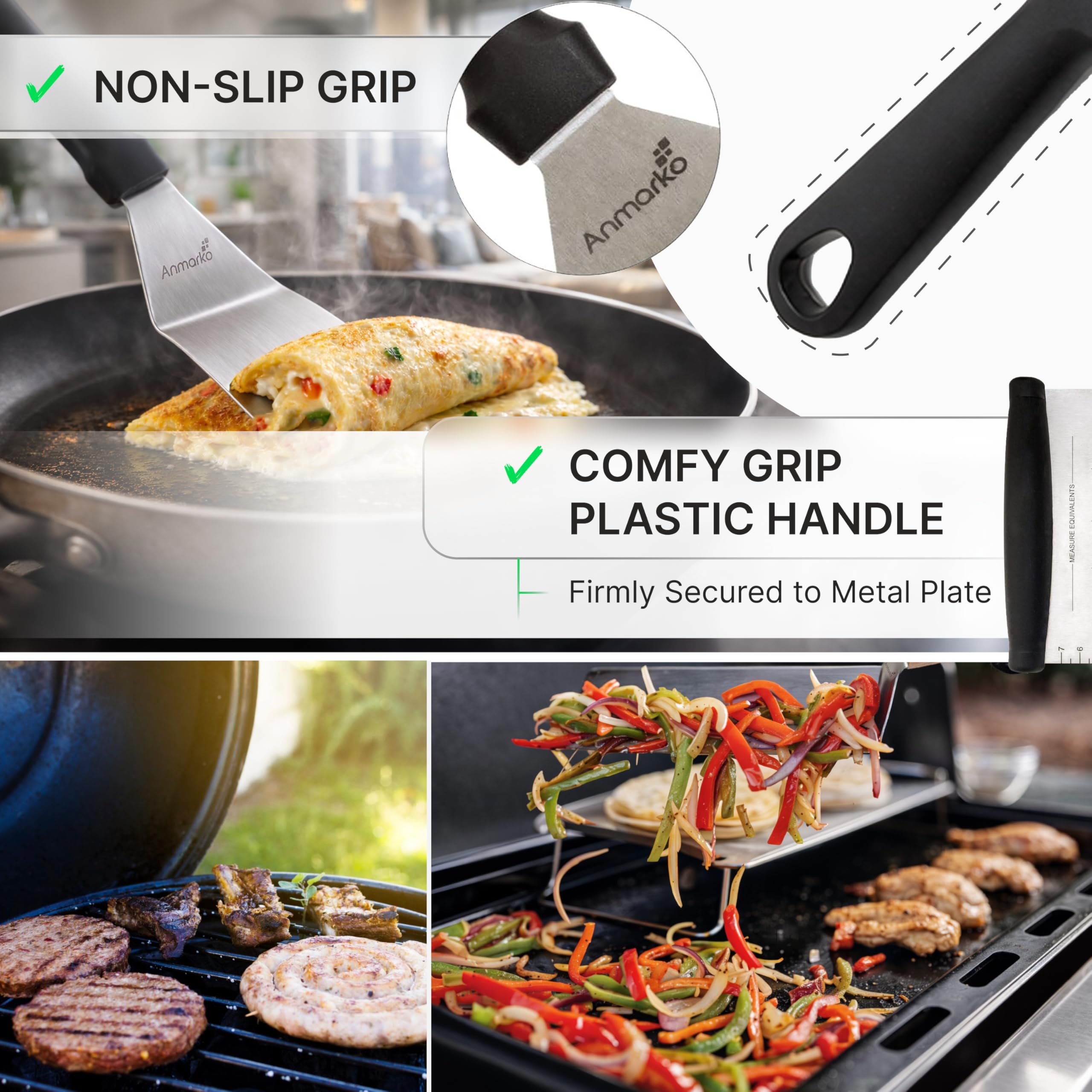 Anmarko ergonomic handle detail showing secure grip for controlled flipping and comfort