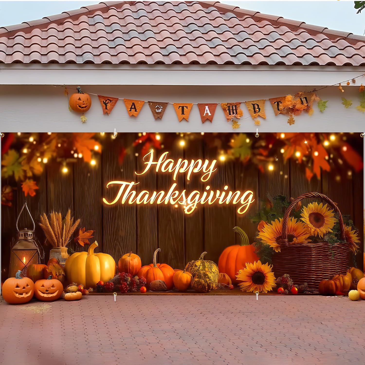 ANNA QUEEN lifestyle porch display with banner adding warm seasonal curb appeal