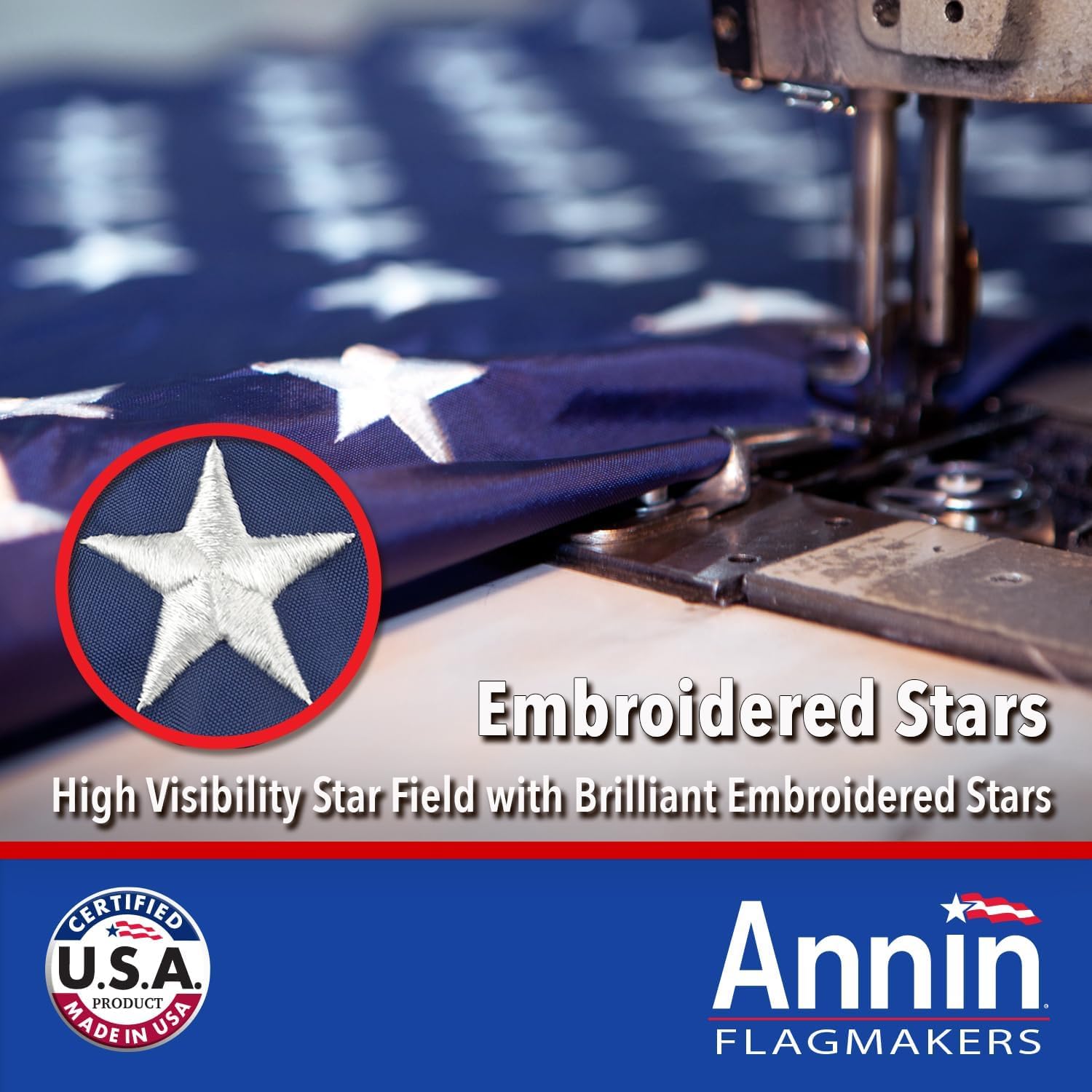 Annin Flagmakers fly hem with four rows of stitching showing reinforced edge and wind durability benefit