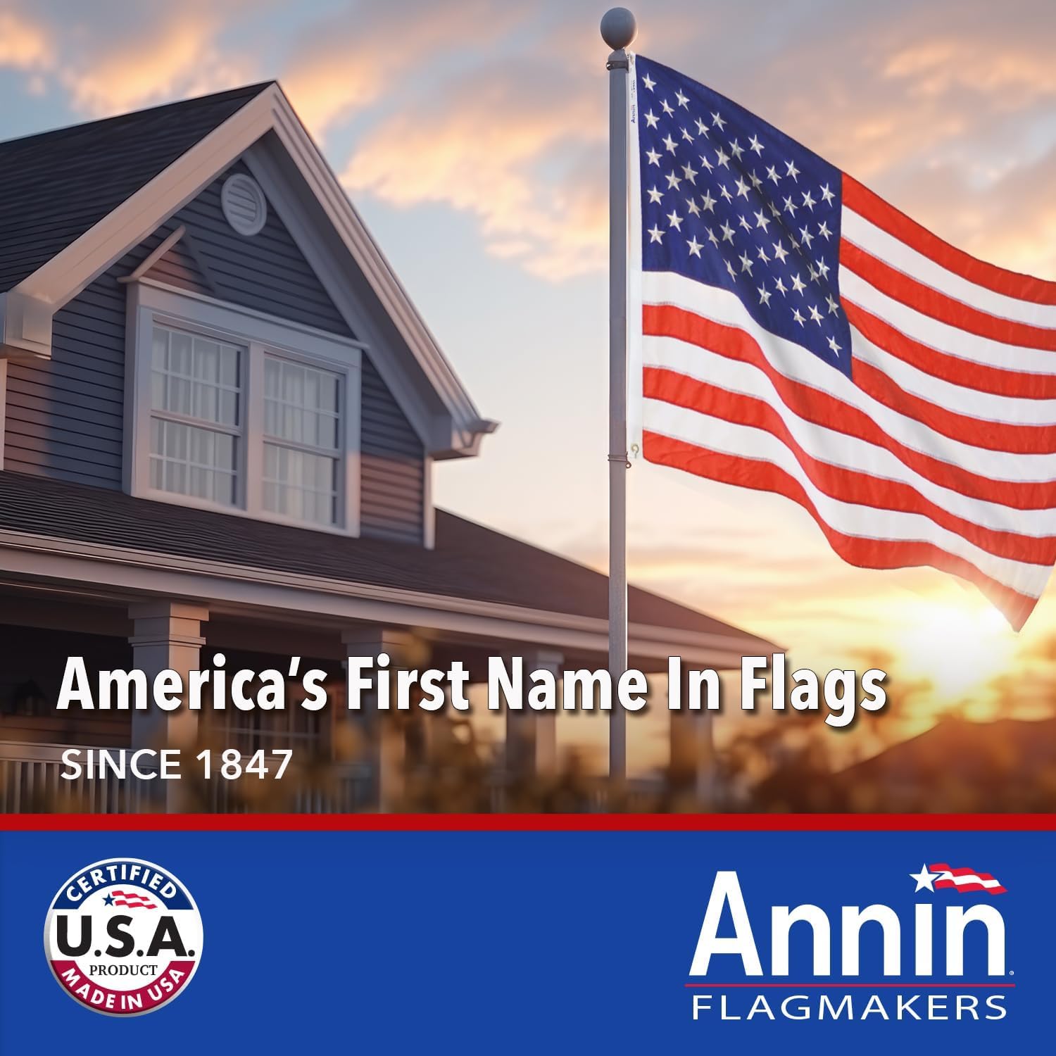Annin Flagmakers close-up of embroidered stars and sewn stripes highlighting craftsmanship and weather resistance benefit