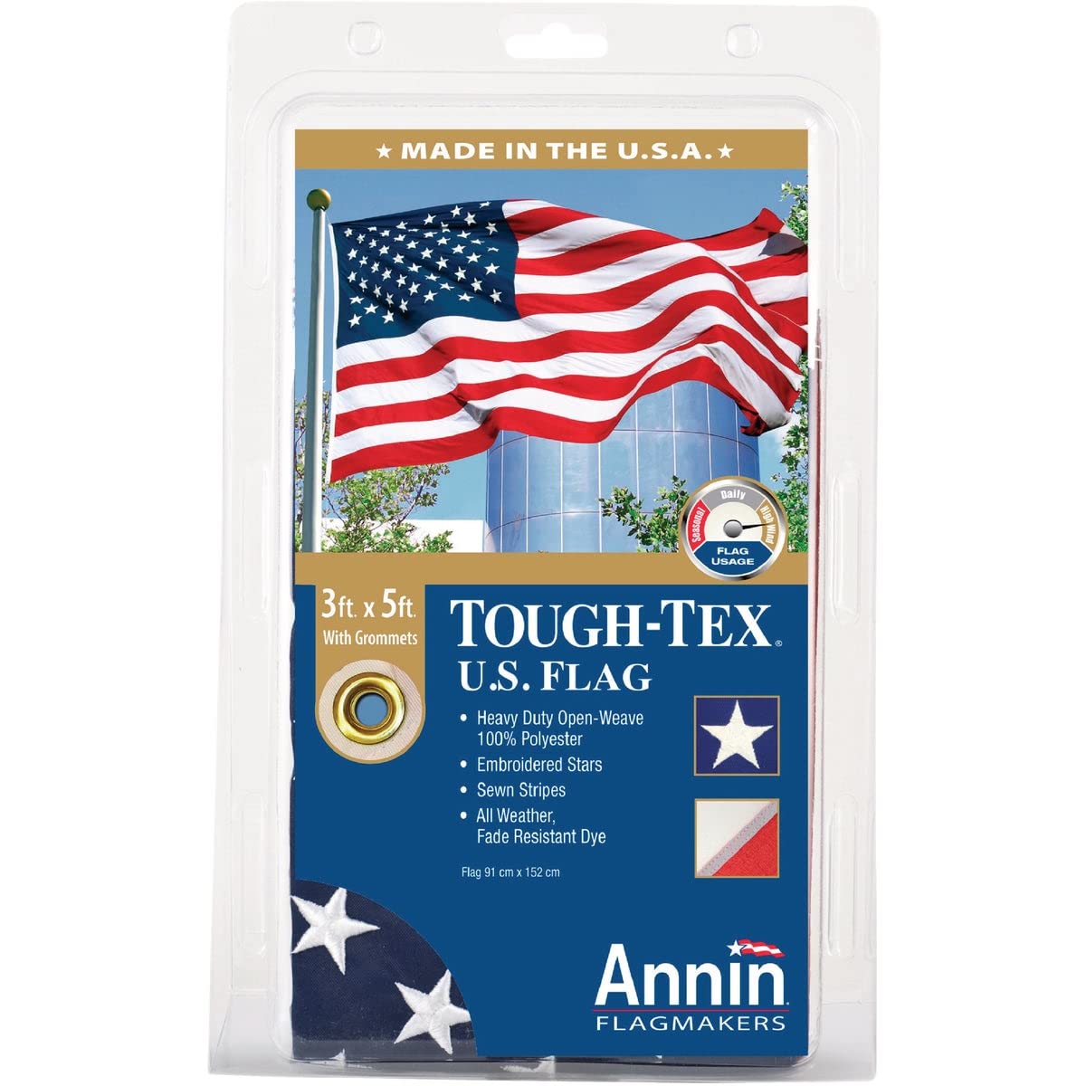 Annin Flagmakers Tough Tex 3x5 front packaging showing durable sewn stripes and embroidered stars