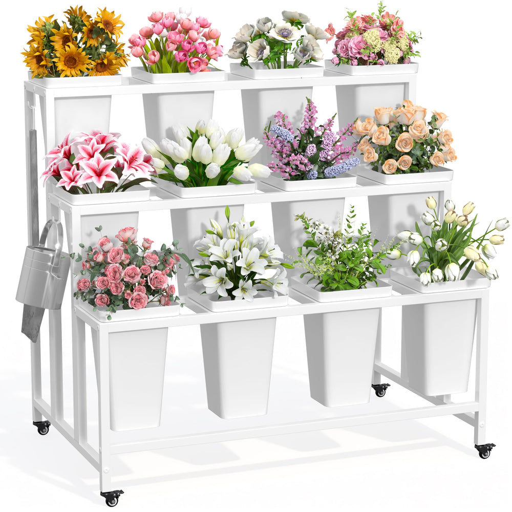 Annzoe front view of the white three-tier cart showing 12 buckets and tidy presentation