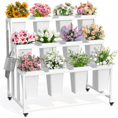 Annzoe front view of the white three-tier cart showing 12 buckets and tidy presentation