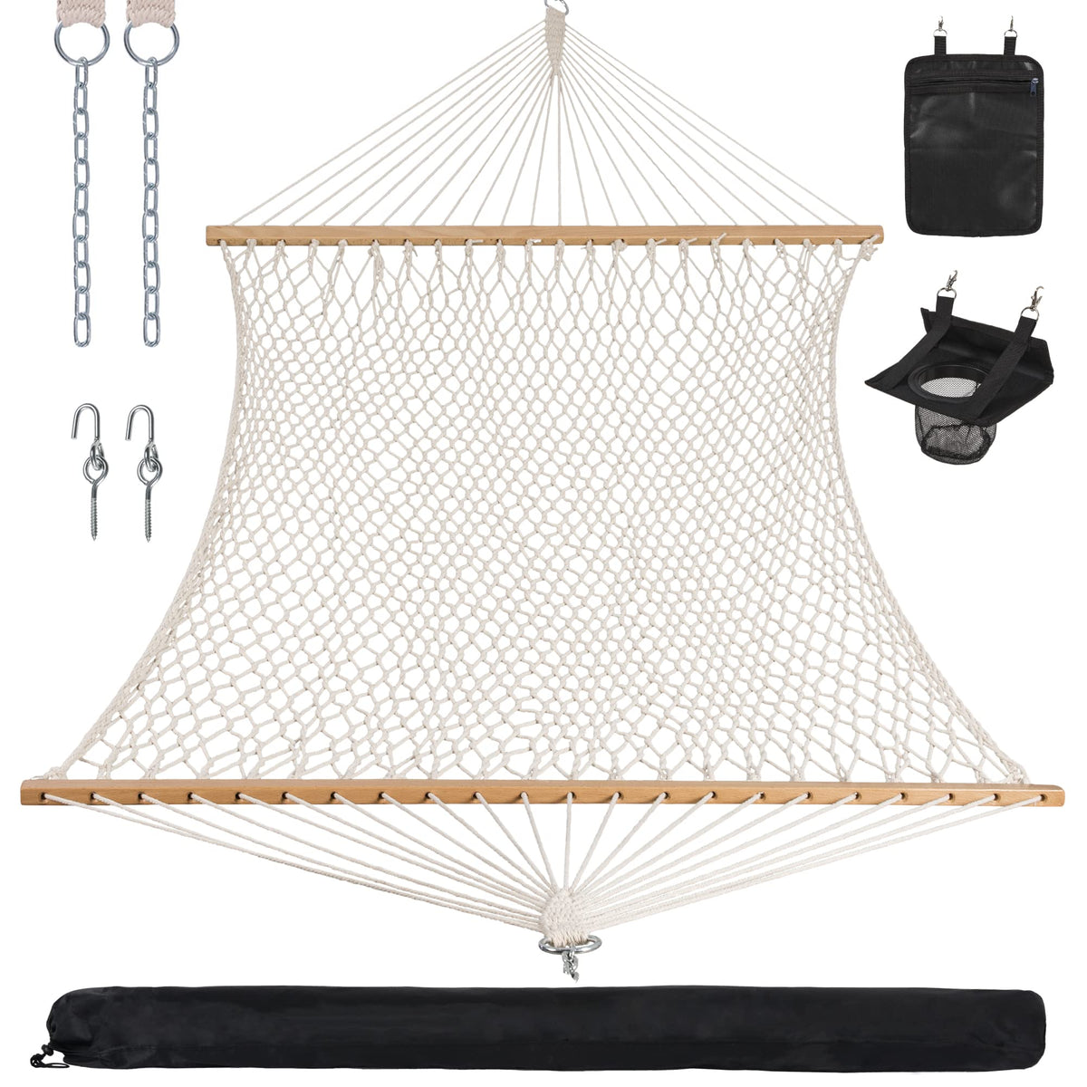 ANOW double rope hammock front view showing natural finish and roomy bed for comfort