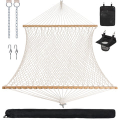 ANOW double rope hammock front view showing natural finish and roomy bed for comfort