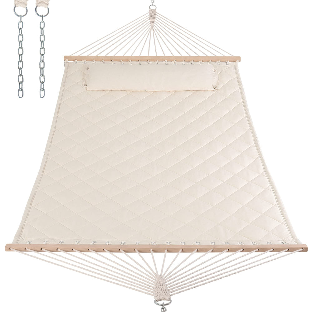ANOW cream hammock front view showing full spreader bars and quilted bed for comfortable lounging