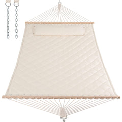 ANOW cream hammock front view showing full spreader bars and quilted bed for comfortable lounging
