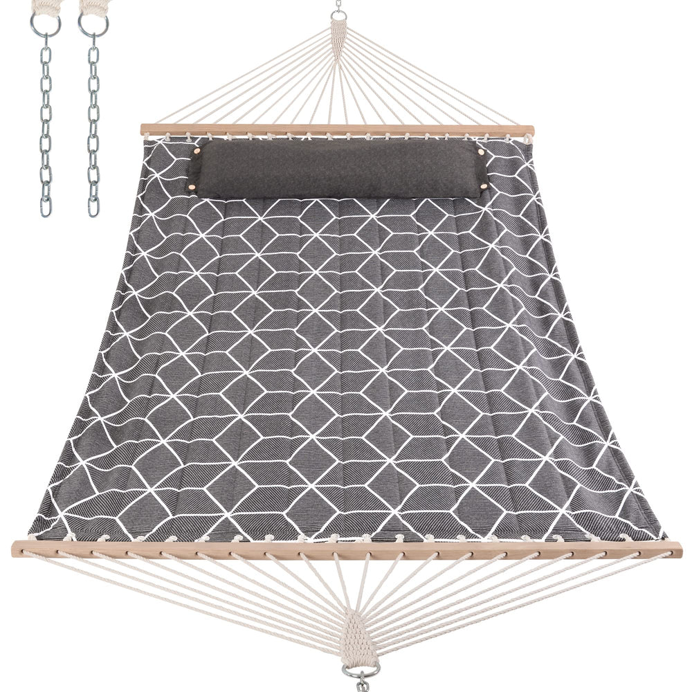 ANOW hammock front view showing gray cube fabric and comfortable two-person design