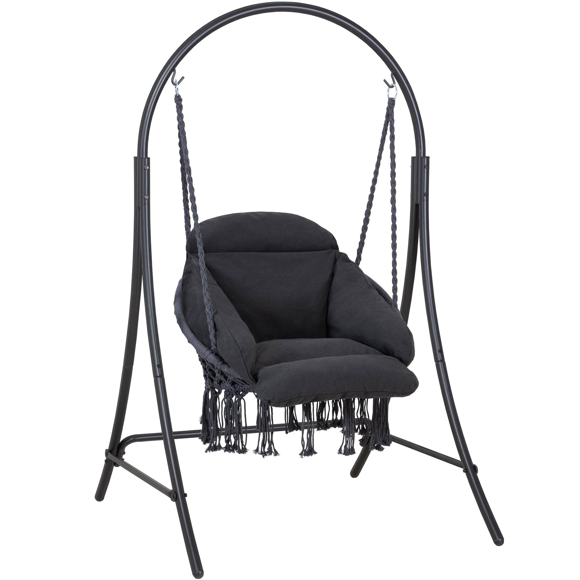 ANOW hanging swing chair front view showing full stand and seat comfort