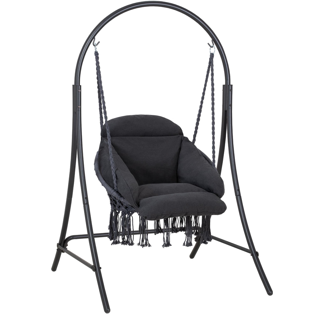 ANOW hanging swing chair front view showing full stand and seat comfort