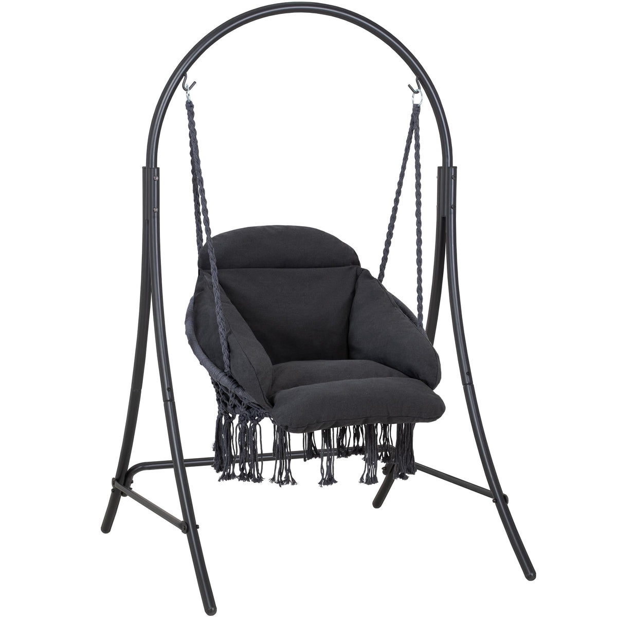 ANOW hanging swing chair front view showing full stand and seat comfort