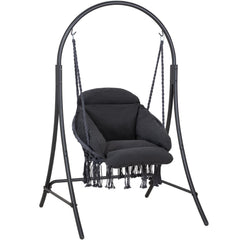 ANOW hanging swing chair front view showing full stand and seat comfort