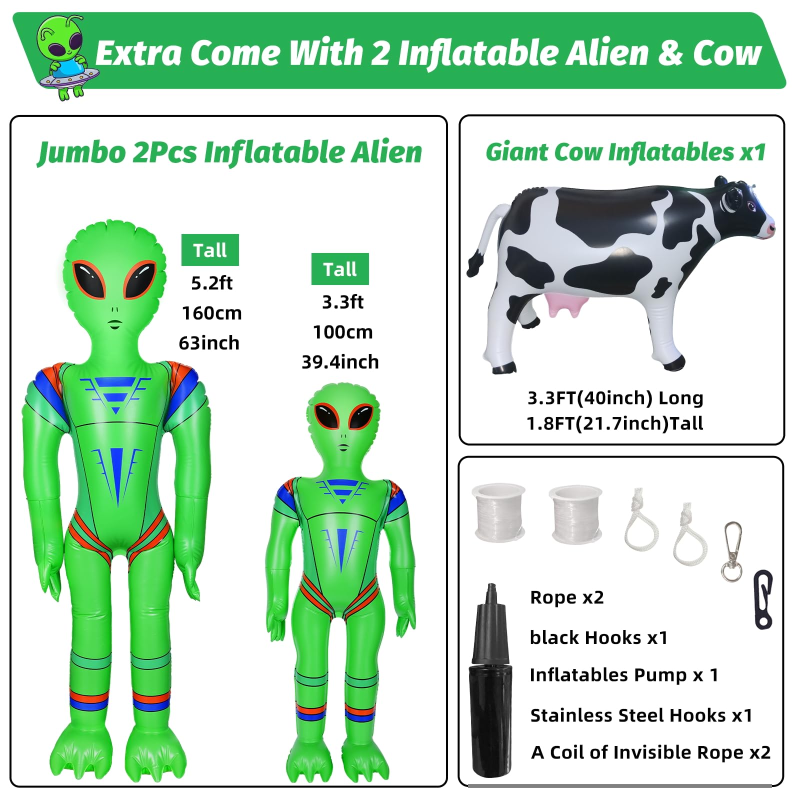 anroog two jumbo aliens and cow arranged under UFO for immersive scene