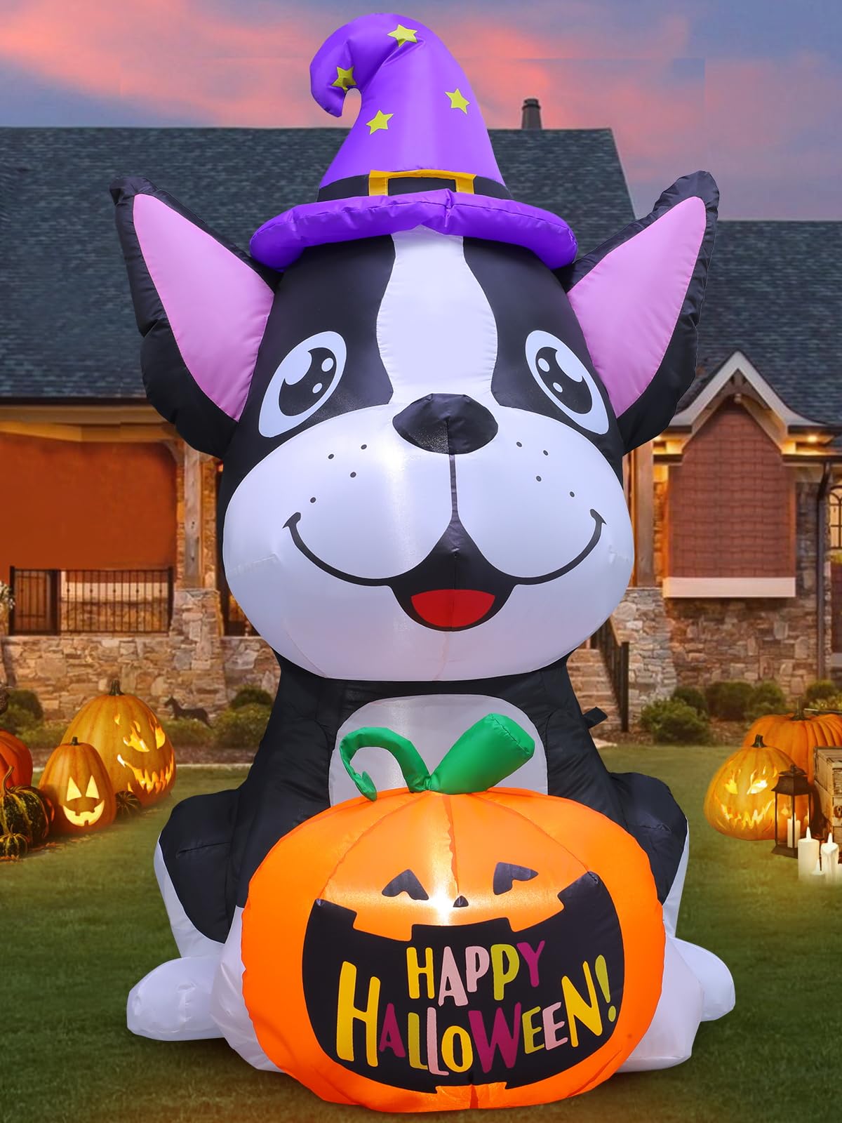 anroog front view showing dog inflatable and bright pumpkins, creates curb appeal
