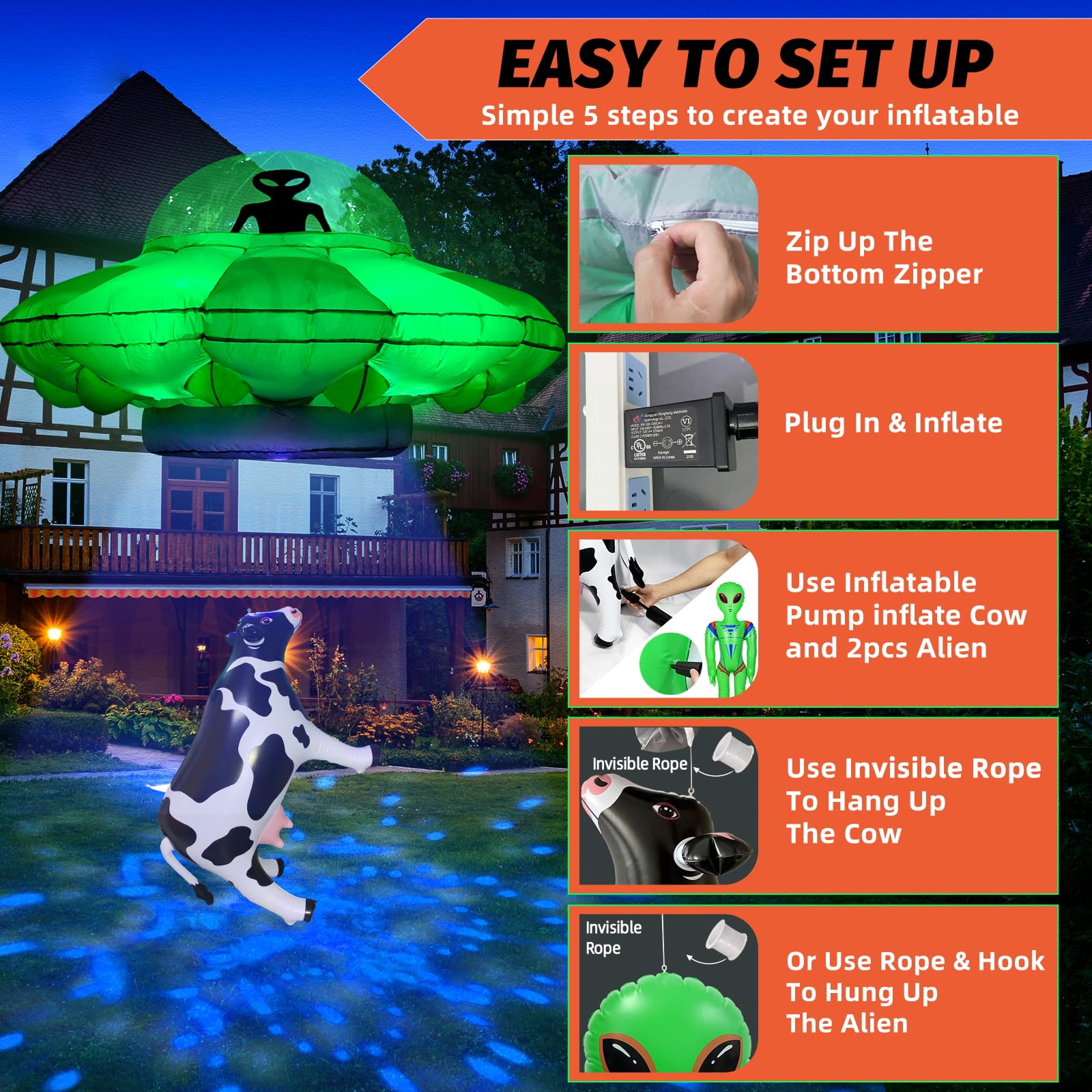 anroog nighttime yard display with glowing UFO creating strong curb appeal