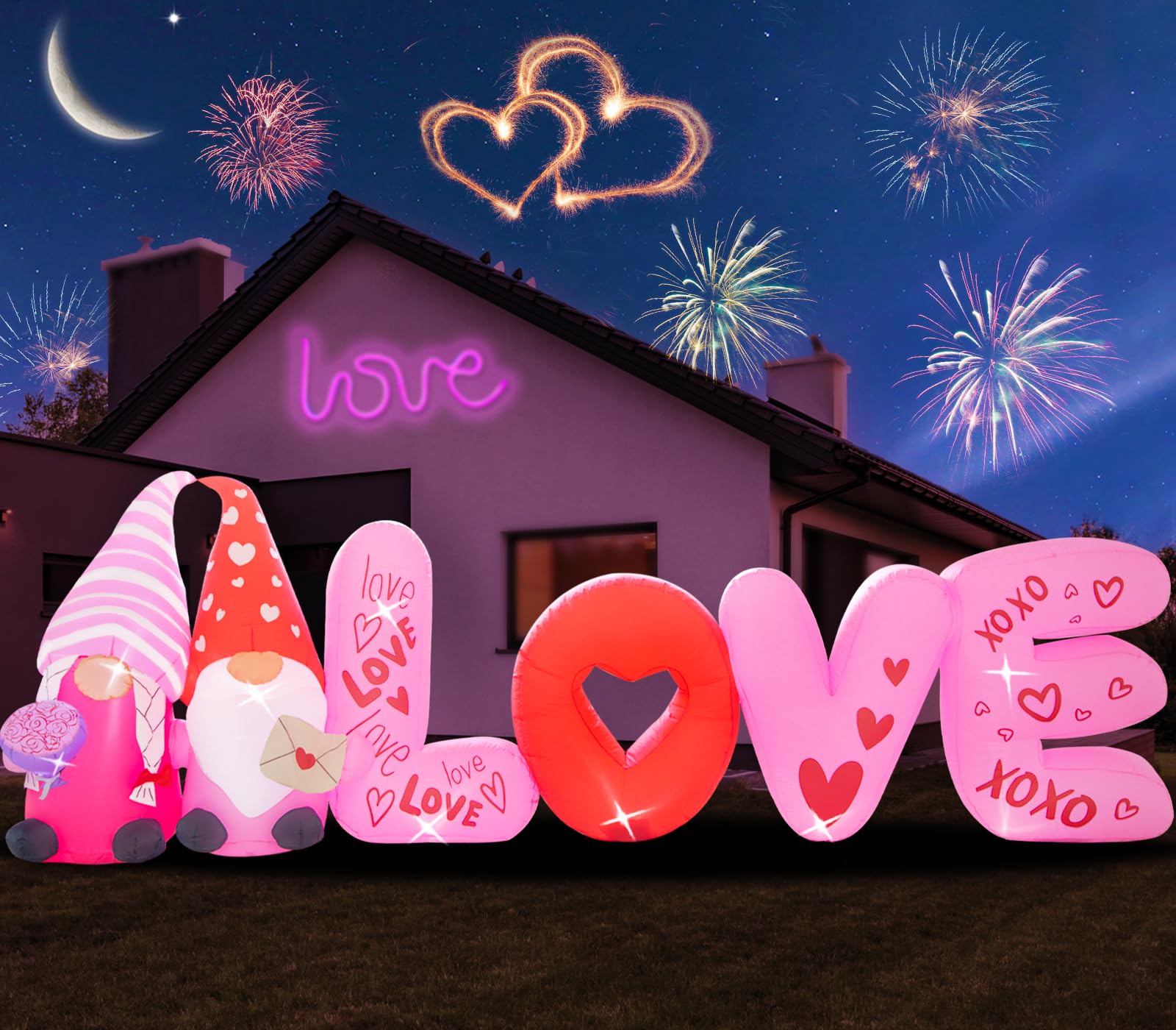 anroog front view of 12ft valentine gnome inflatable showing romantic yard impact