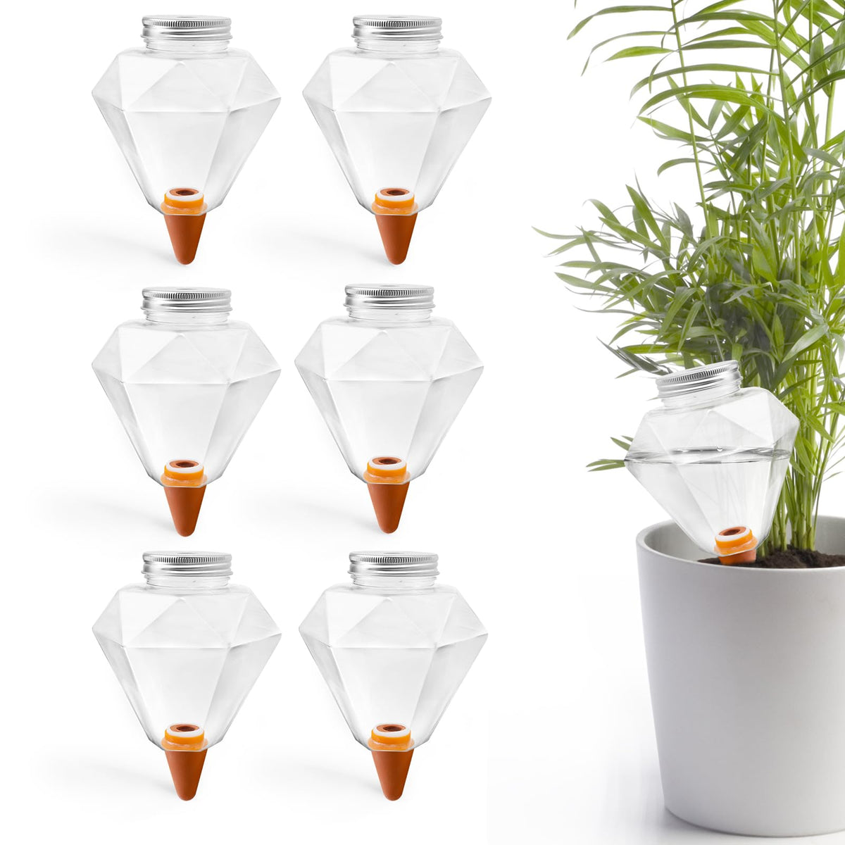 Ansberta diamond globe front view showing decorative shape and steady watering benefit