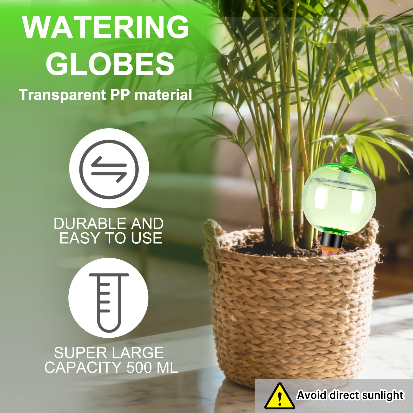 Ansberta globe inserted in a potted plant demonstrating steady slow-release watering