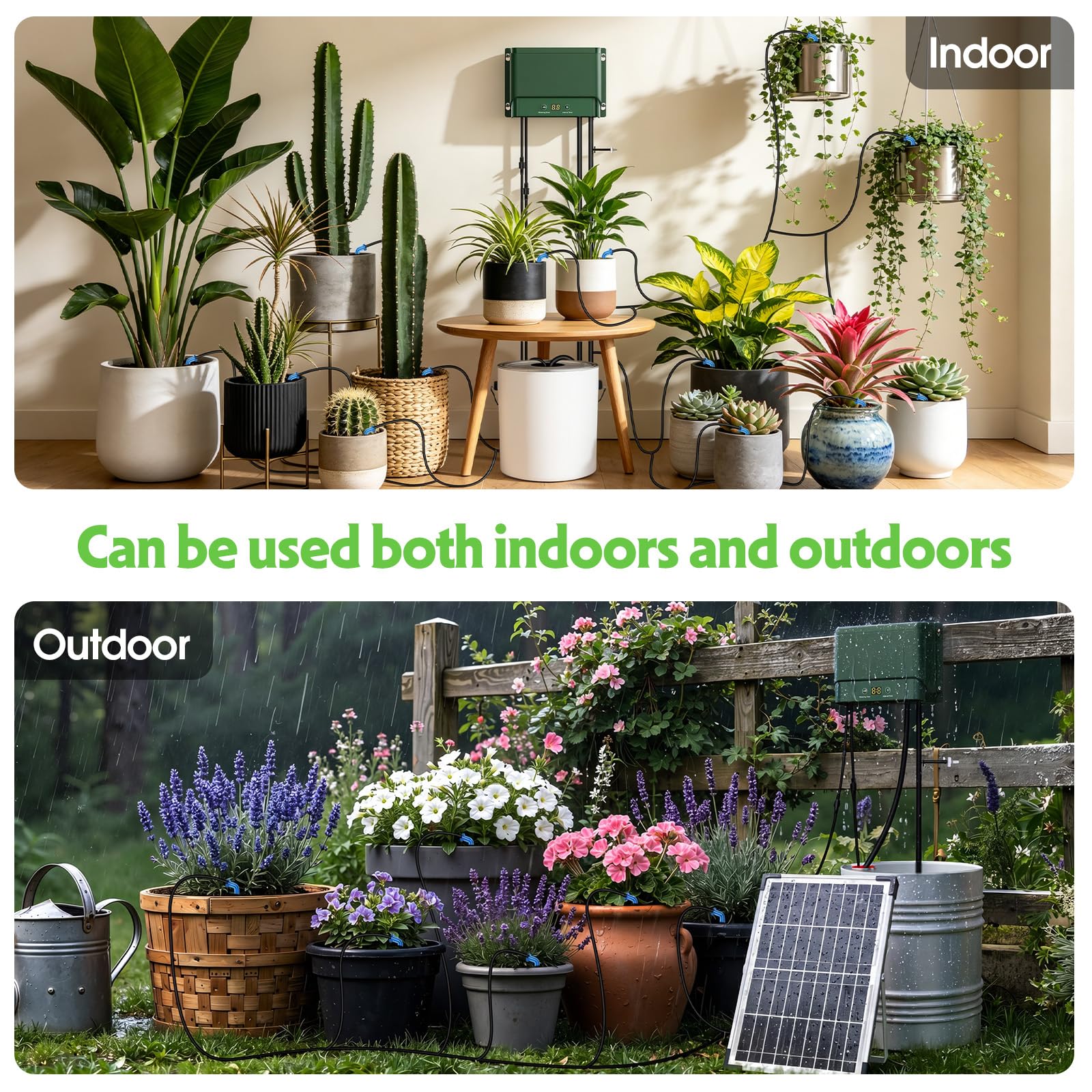 AnseTo installed on balcony with plants demonstrating space-saving irrigation