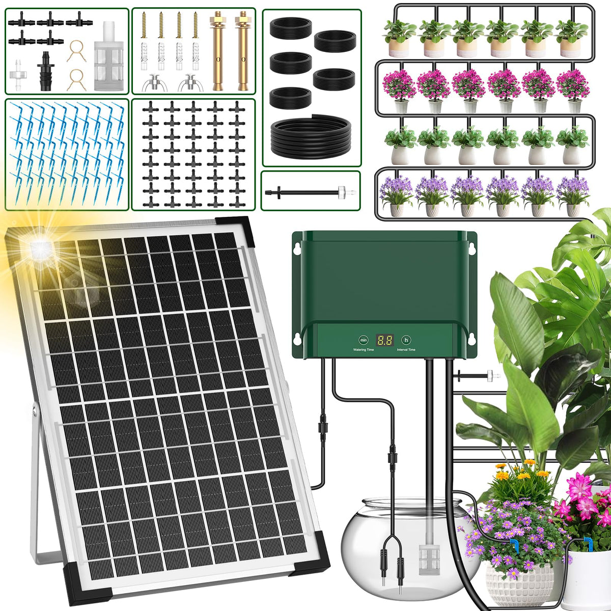 AnseTo solar panel and timer front view showing durable outdoors setup