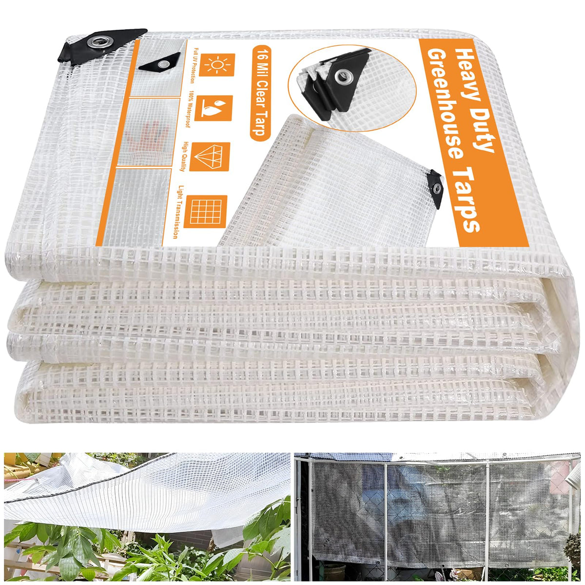 Ansgery front view of 20x30 ft clear greenhouse cover showing branding and size benefit