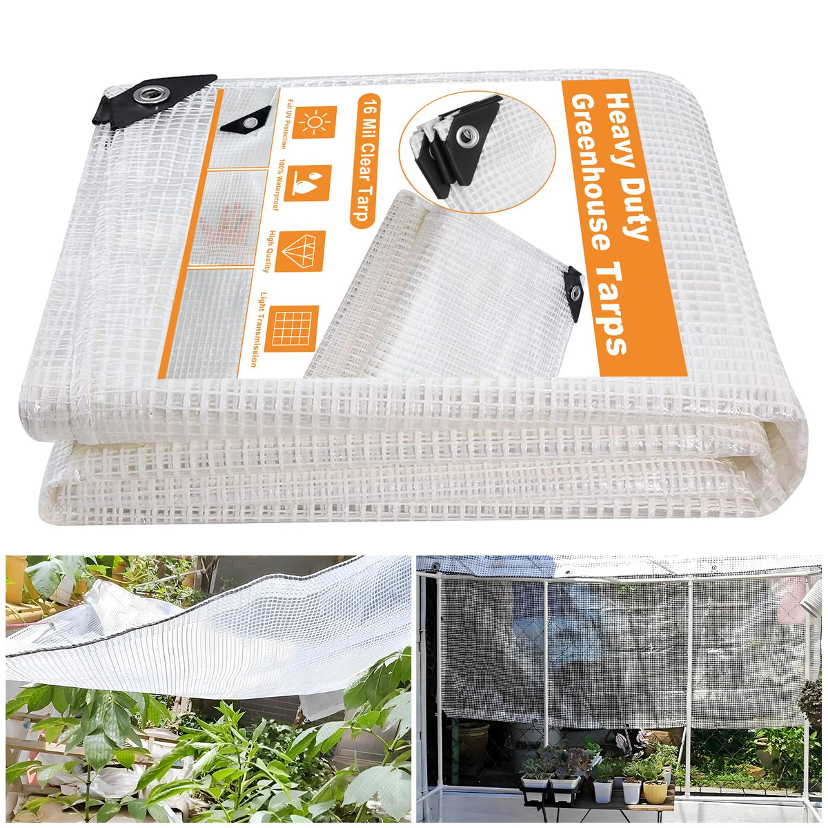 Ansgery front packaging of 8x12 greenhouse cover shows clear tarp benefit