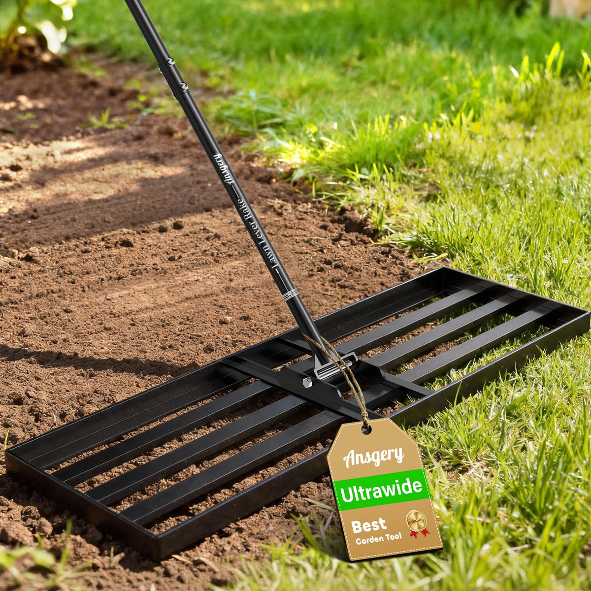 Ansgery front view of lawn leveler showing full head for faster coverage