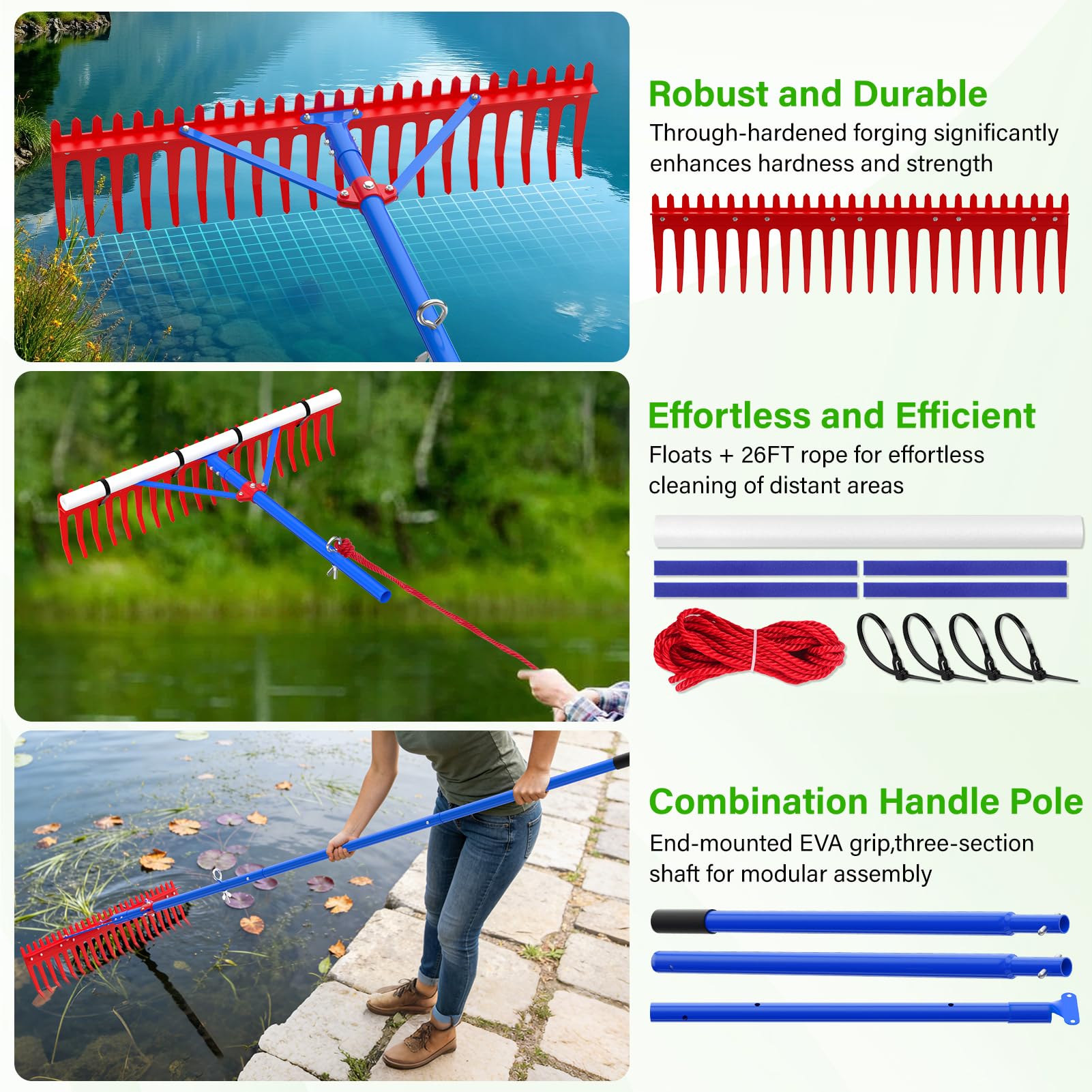 Ansgery rake floating mode capturing surface weeds using included buoy