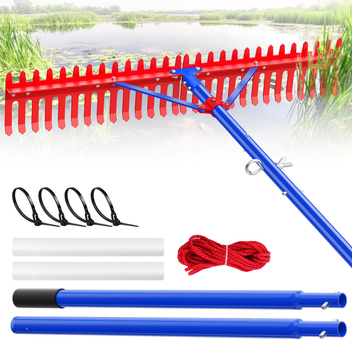 Ansgery lake rake front view showing wide 37-inch head for faster clearing