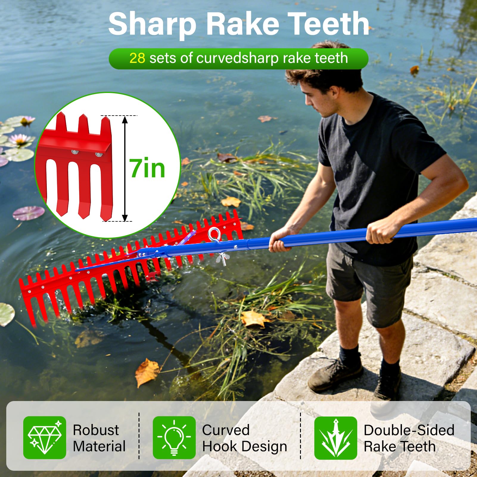Ansgery closeup of metal rake teeth with chiselled tips for stronger root removal