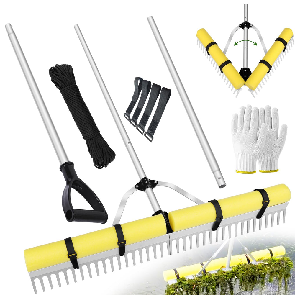 Ansgery front view of pond rake showing full head and pole, easy clearing