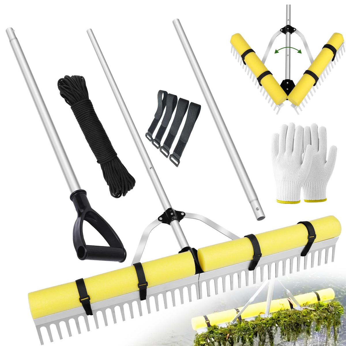 Ansgery front view of pond rake showing full head and pole, easy clearing