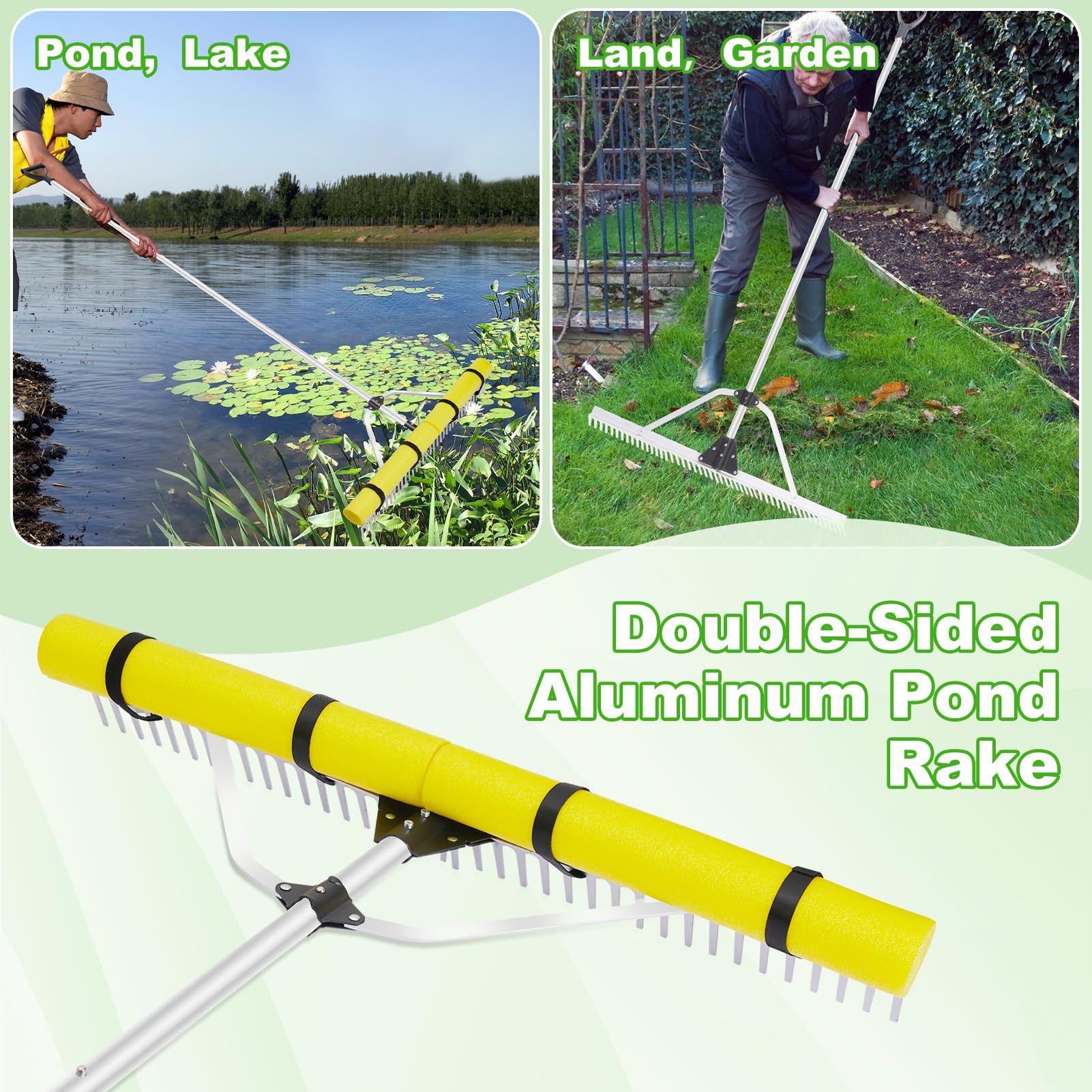 Ansgery rake being used from shore to pull algae, reduces effort