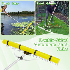 Ansgery rake being used from shore to pull algae, reduces effort