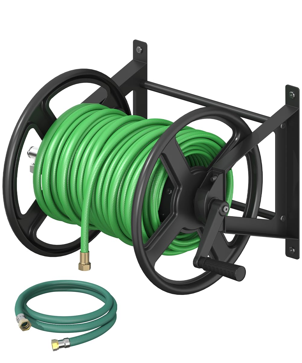 Ansionsol front view of wall-mounted hose reel showing neat storage benefit
