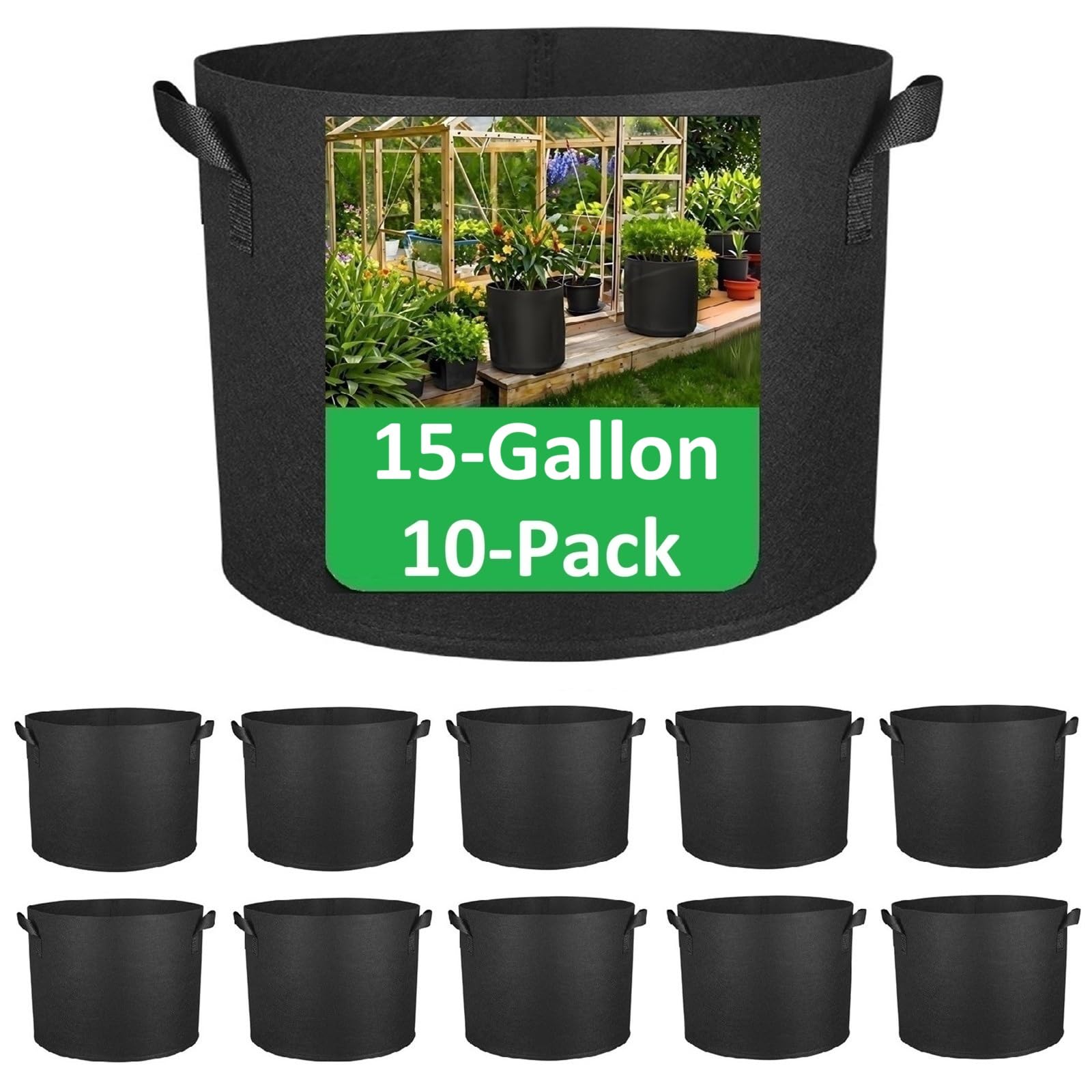 ANSLYQA front view of 10-pack 15-gallon grow bags showing packaging and quantity benefit