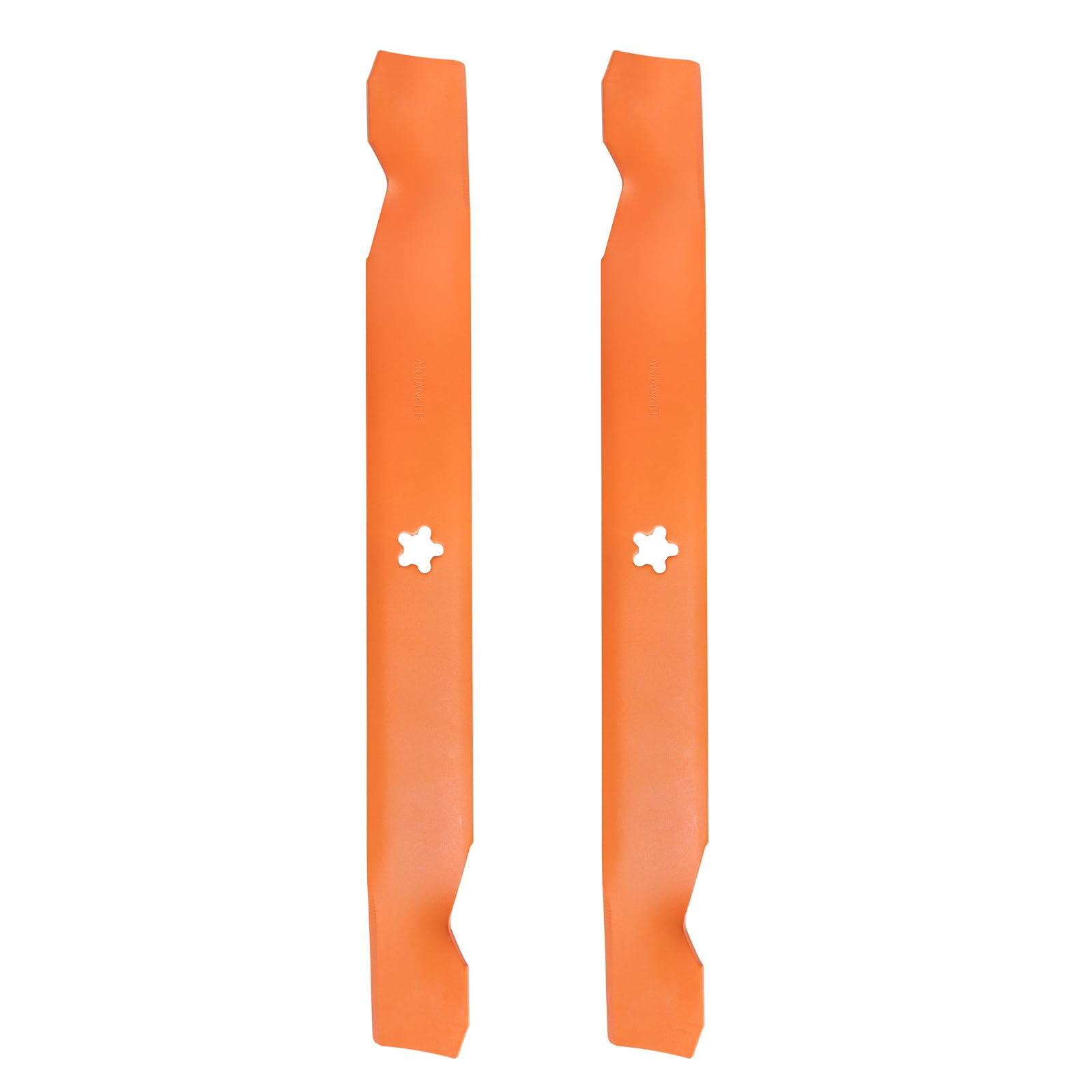 Antanker front view of two 21-inch mower blades showing fit for 42-inch decks and easy replacement