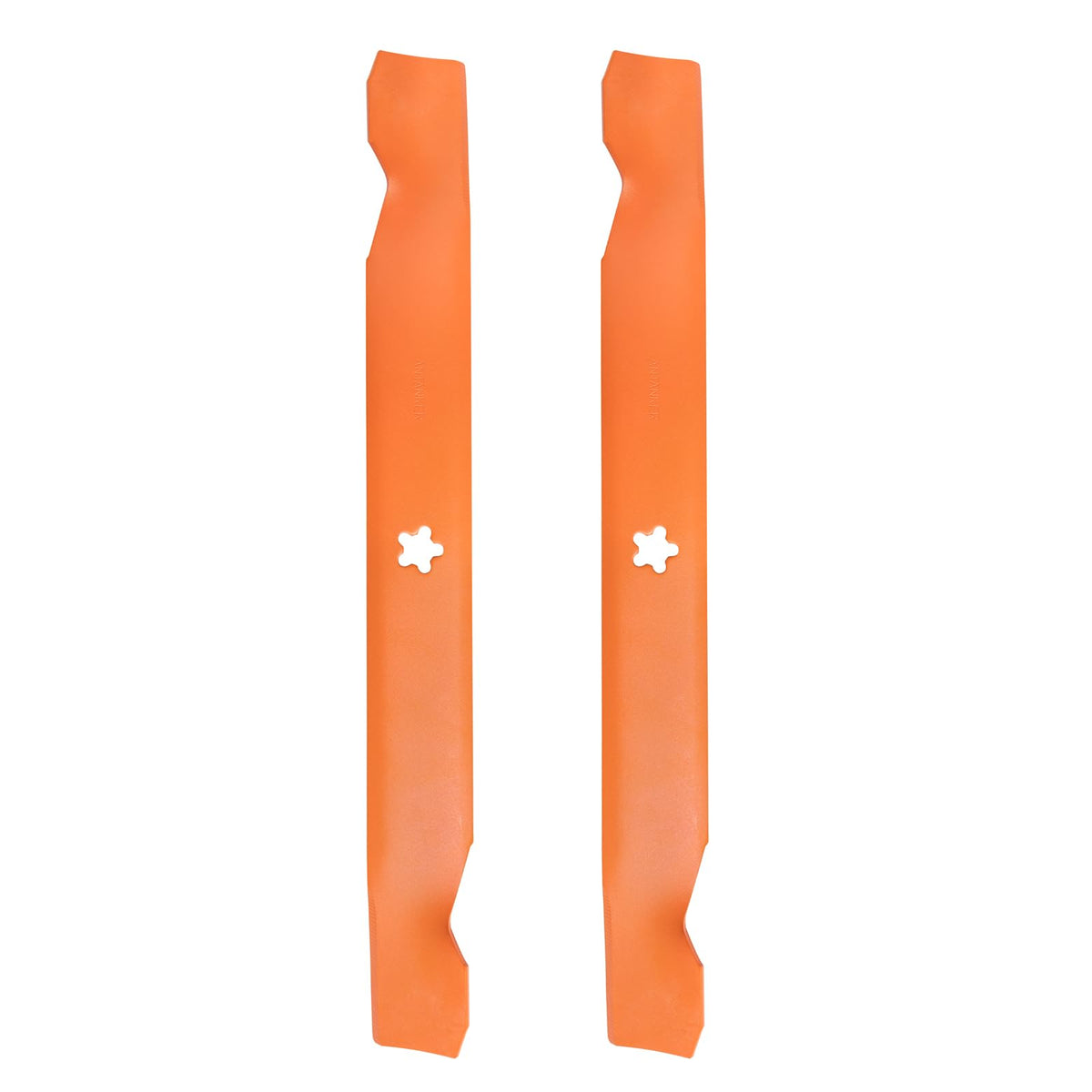Antanker front view of two 21-inch mower blades showing fit for 42-inch decks and easy replacement
