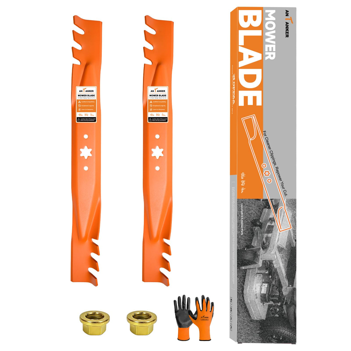 Antanker front view of two 42-inch mulching blades showing fit and finish benefits