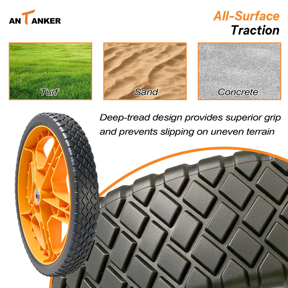 Antanker wheel mounted on a push mower restoring smooth rolling performance