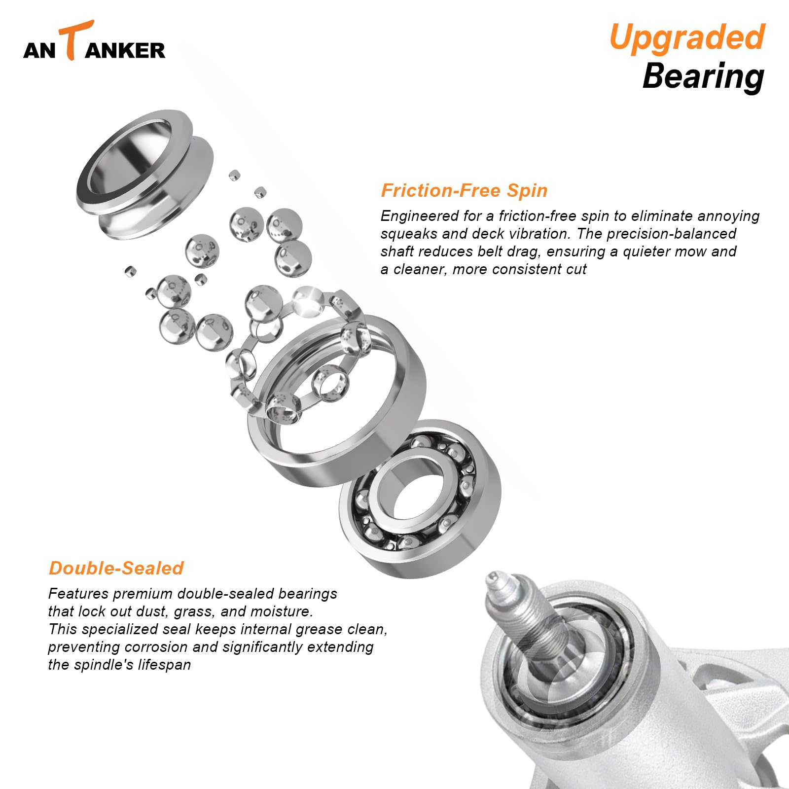 Antanker spindle installed on mower deck demonstrating restored rotation and stability