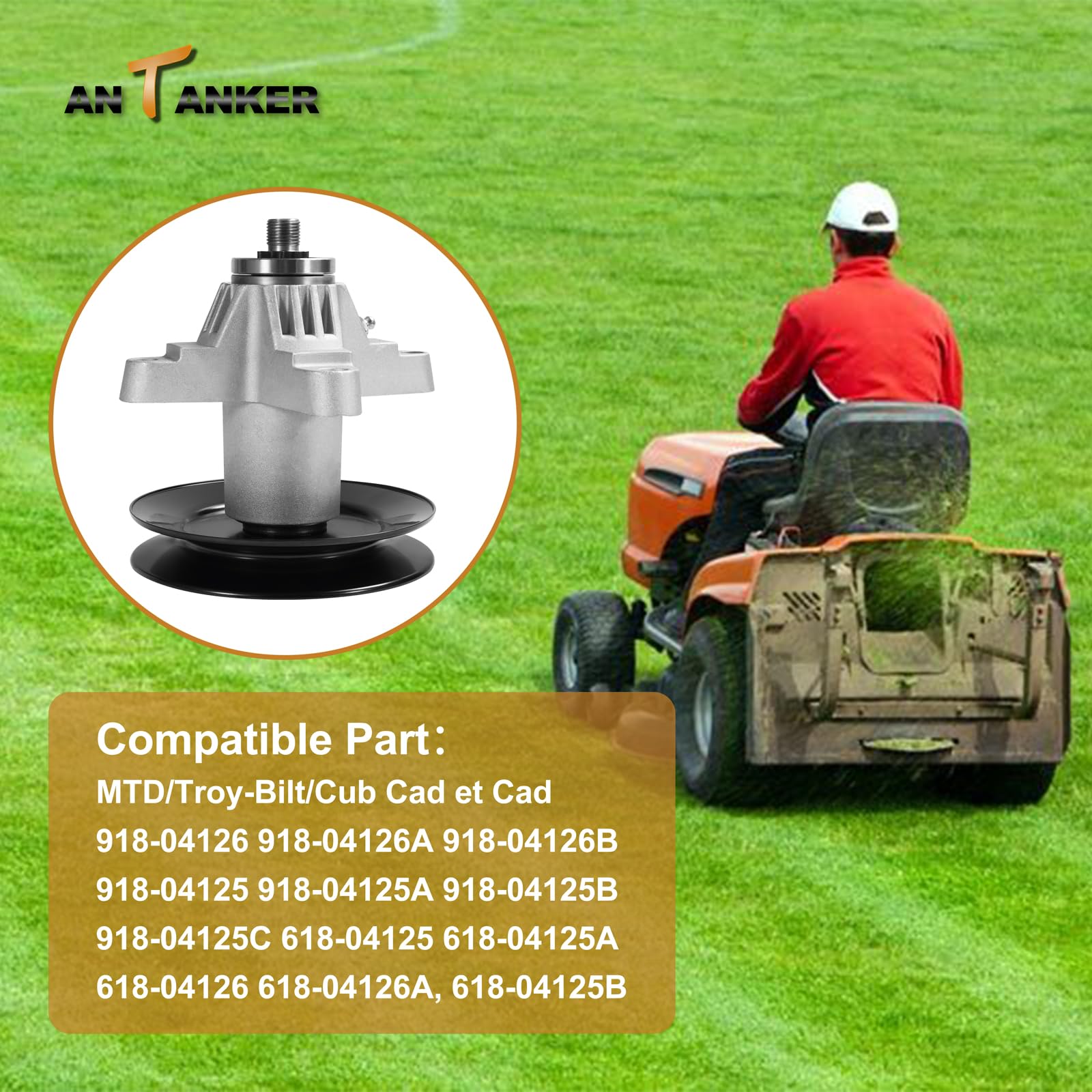 Antanker spindle installed on a Cub Cadet mower in yard for improved mowing performance